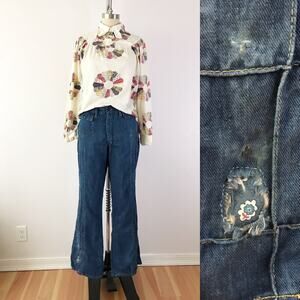 SIZE‎ L 70s Bell Bottom Flare Leg Jeans Repaired Patchwork Boho